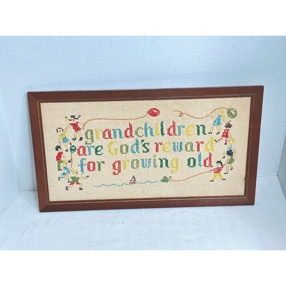 Vtg Cross Stitch Grandchildren are God's Reward Framed Wall Art Sampler Mom Gift - Picture 1 of 5
